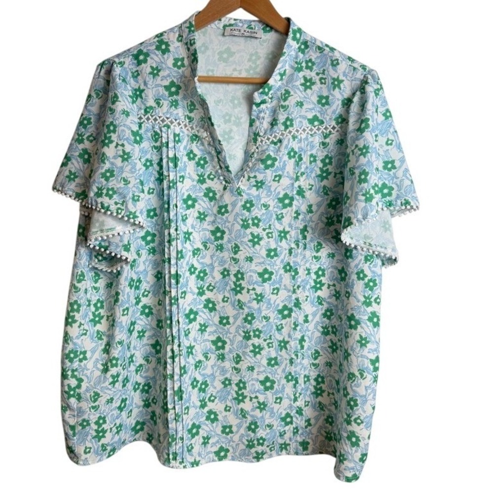 Kate Kasin Women Floral Flutter Sleeve‎ Blouse 2XL Green Blue Boho Pleated Top